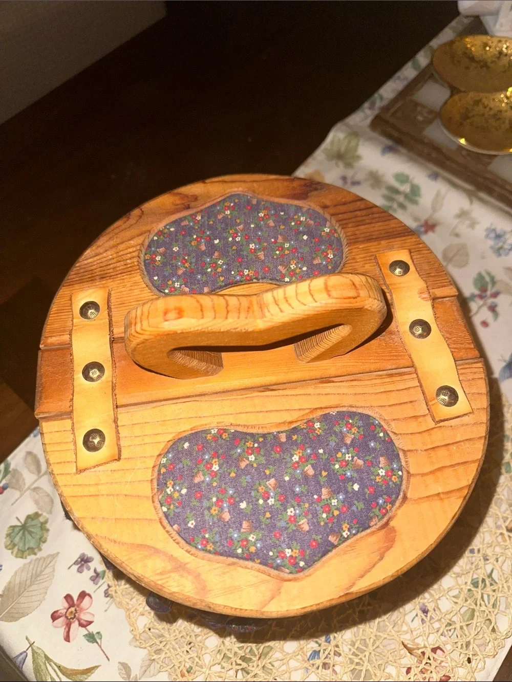 Vintage Wooden Sewing Basket with Navy Floral Fabric Trim